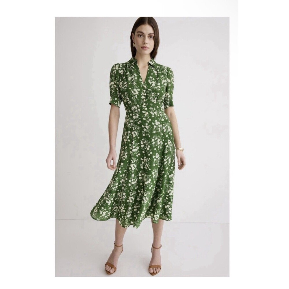 LK Bennett Sophie Green Floral Pearl Button Midi Dress Size 12